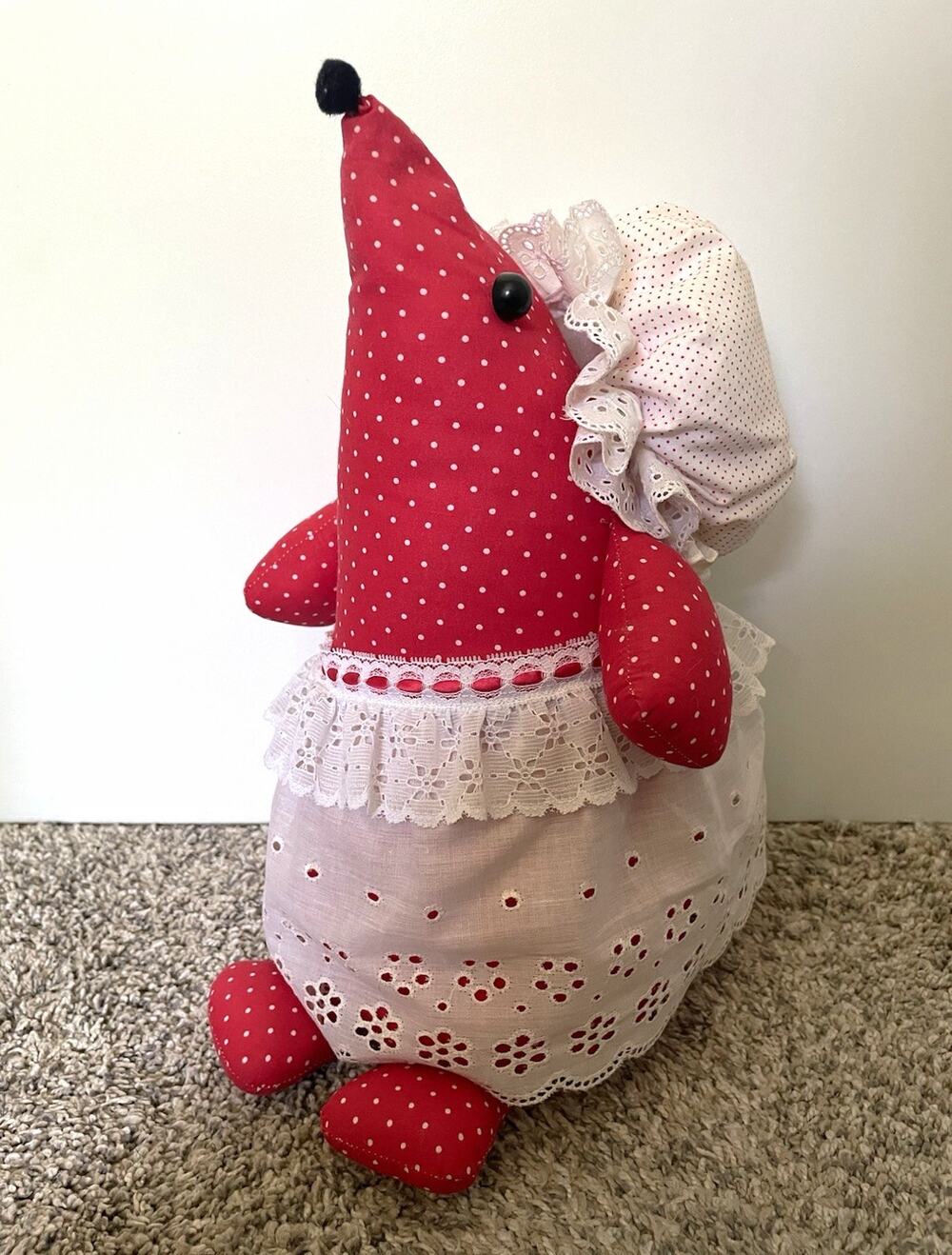 Vintage Country Mouse Door Stop Anthropomorphic 15” Tall Red Polka Dot Apron